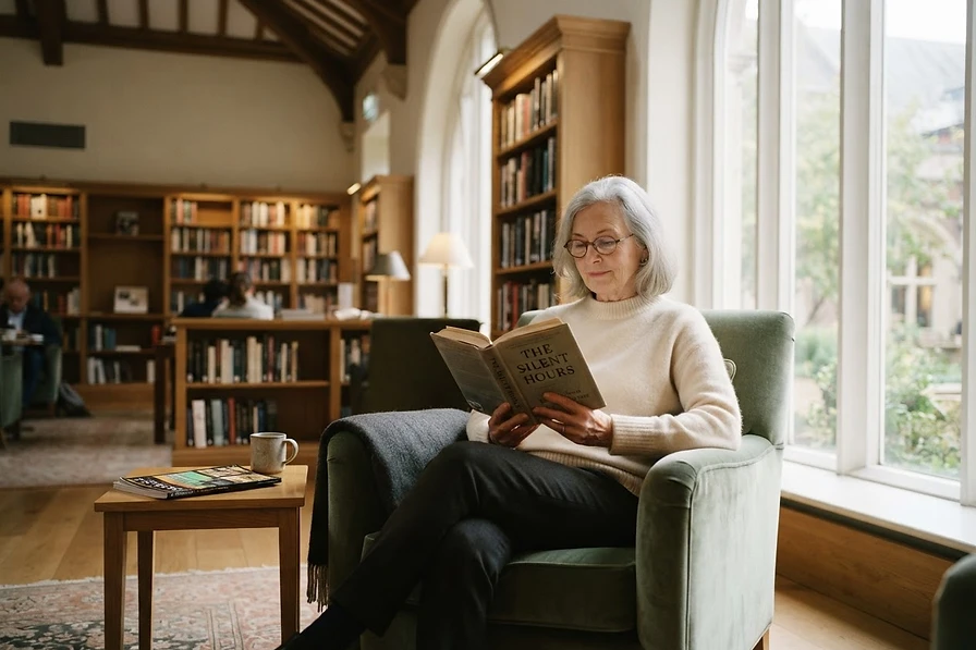 A retiree reading in a quiet library